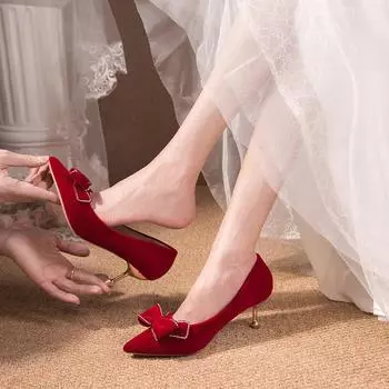 2024 Лето Новые Замшевые Стразы Большие Размеры Красные Туфли На Высоком Каблуке Женские Шпильки Заостренный Бантик Универсальные Удобные Туфли-Лодочки Женские 33