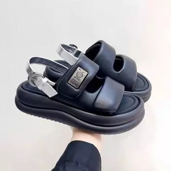 2024 Лето Новые женские сандалии с круглым носком на плоской подошве, нескользящие, женские модные туфли на танкетке sandalias mujer 35 чёрный