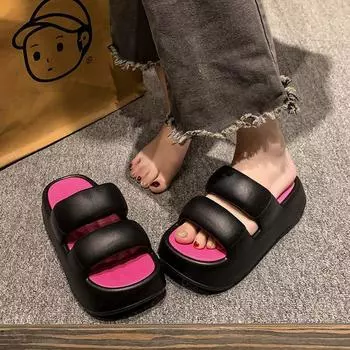 2024 Лето Новые женские тапочки Парные пляжные кожаные тапочки Мягкие толстые подошвы Шлепанцы Туфли на платформе Плоский каблук Тапочки Повседневные Сан 36 чёрный