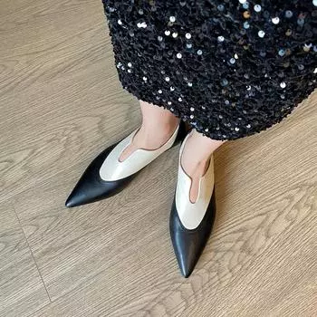 2024 Лето Новые Женские Туфли На Низком Каблуке С Острым Носком Базовые Повседневные Рабочие Удобные Туфли На Плоской Подошве Мягкие Туфли Из Натуральной Кожи Женские Лаконичные 34 чёрный