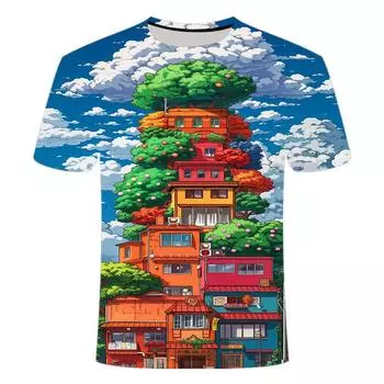 2024 лето новый анимационный пейзаж серия 3D печать персонализированный модный тренд короткий рукав XS