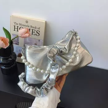 2024 лето новый дизайн одно плечо бант молния свежий темперамент мода подмышки жемчужная цепочка сумка белый