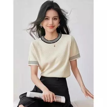 2024 Лето Новый Французский Ретро Стиль Футболка С Короткими Рукавами Свободные Повседневные Трикотажные Топы Женский Модный Пуловер S абрикосовый