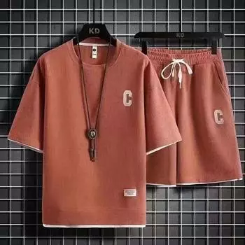 2024 Лето Новый Модный Однотонный Костюм с Коротким Рукавом Футболка Мужской Повседневный Комфортный Большой Размер Высококачественный Спортивный Комплект Из Двух Частей S