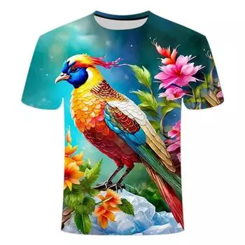2024 лето новый птичий язык серия цветов 3D печать личность модный тренд мужчины и женщины короткие рукава XS