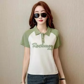 2024 Лето Новый Стиль Рубашка Поло Женская Мода Лацкан Контрастные Напечатанные Буквы Короткие Рукава Футболка Женская Короткие Рукава Топ XL белый