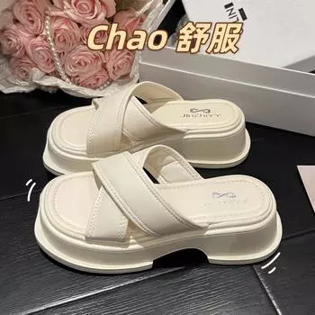 2024 лето новый толстый каблук толстая подошва модная верхняя одежда тапочки женские маленькие ароматные темперамент модная пляжная обувь тренд 35 бежевый