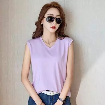 2024 Лето Новый V-образный вырез без рукавов жилет мерсеризованный хлопковый футболка женская тонкая универсальная простая футболка топ M чёрный