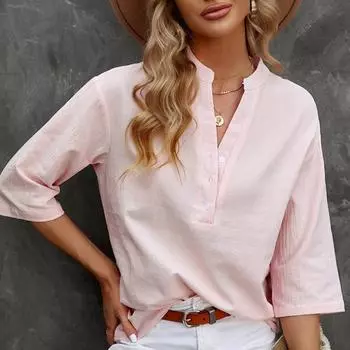 2024 Лето, однотонная повседневная рубашка с коротким рукавом, женская рубашка больших размеров, свободная хлопково-льняная блузка, женские топы, элегантные офисные женские простые рубашки, женские 24299 S чёрный