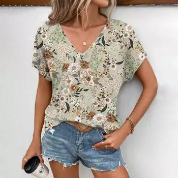 2024 Лето Отдых Удобная Женская Элегантная Футболка С V-образным Вырезом Модный Фрагментированный Цветочный Узор С Короткими Рукавами S