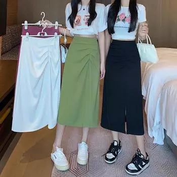 2024 Лето Плюс Размер Женская Высокая Талия Асимметричная Плиссированная Юбка Миди А-силуэта XS чёрный