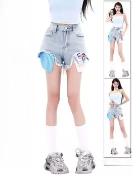2024 Лето Ретро Горячая Девушка А-силуэта Свободные Джинсовые Шорты Офисные Леди Y2k Повседневные С Высокой Талией Американский Стиль Тонкие Шорты Корейская Мода XXXL синий