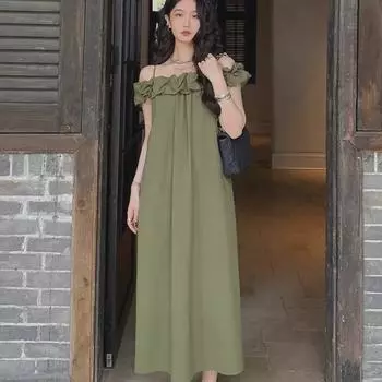 2024 Лето Ретро Одно Плечо Плиссированное Авокадово Зеленый С Открытой Спиной Юбка Подтяжки Платье Для Женщин 3X-Large абрикосовый