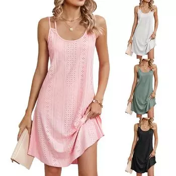 2024 Лето с круглым вырезом без рукавов, однотонное повседневное платье с бретелькой на шее, женская модная элегантная женская одежда L