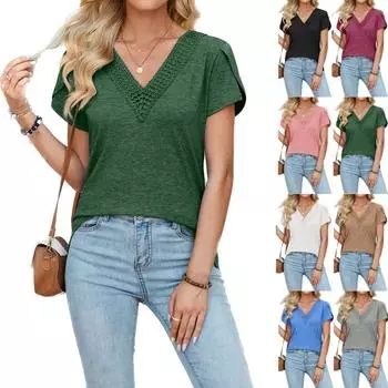 2024 Лето с v-образным вырезом, свободная блузка с рукавами-лепестками, женская однотонная элегантная повседневная рубашка больших размеров, женские винтажные простые офисные женские блузки, топы 24313 S серый