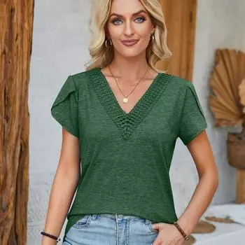 2024 Лето с v-образным вырезом, свободная блузка с рукавами-лепестками, женская однотонная элегантная повседневная рубашка больших размеров, женские винтажные простые офисные женские блузки, топы 24313 S синий