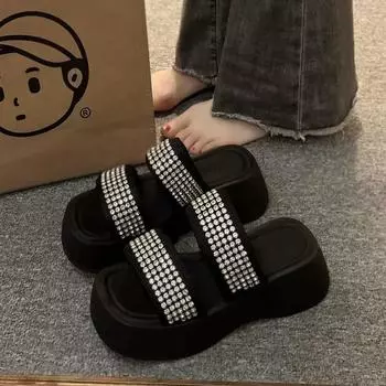 2024 Лето Женские Модные Тапочки со стразами Нескользящие Шлепанцы С Толстой Подошвой Женские Сандалии На Платформе Со Сияющими Стразами Женские 35 чёрный