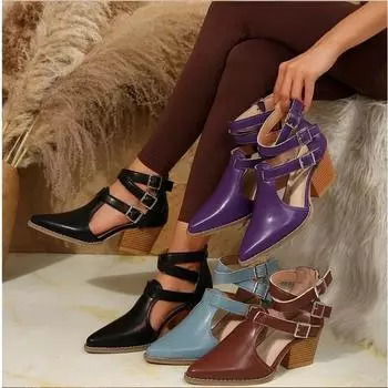 2024 Лето Женские Новые Босоножки с квадратным носком на высоком каблуке с заостренным носком Модные Универсальные Босоножки с металлической пряжкой 36-43 Большие Босоножки 36 коричневый