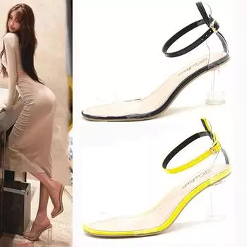 2024 Лето Женские Прозрачные Высокие Каблуки Сексуальные Босоножки Туфли-Лодочки С Пряжкой Прозрачные Женские Туфли Для Вечеринок Женские Дизайнерские Босоножки На Каблуках 34 жёлтый
