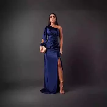 2024 Лето Женское Асимметричный Вырез Рукав Реглан Длинное Платье Плиссировка Талия Разрез XXXL оливковое зеленый