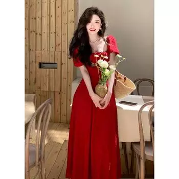 2024 Лето Женское Длинное Платье Большого Размера Красное Ретро С Квадратным Воротником L красный