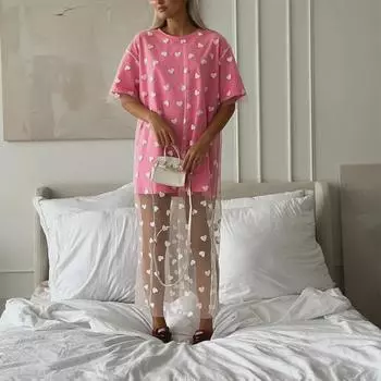 2024 Лето Женское Сексуальное Сетчатое Цвет-Блок Свободное Платье-Футболка Из Двух Частей M белый