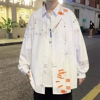 2024 Letter Длинные рукава Рубашка Ins Свободная рубашка Мужская летняя тенденция Универсальная повседневная куртка M чёрный