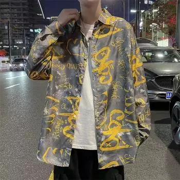 2024 Letter Длинные рукава Рубашка Ins Свободная рубашка Мужская летняя тенденция Универсальная повседневная куртка M