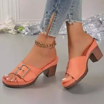 2024 Лидер продаж летняя обувь женская мода пряжка дизайнер толстый каблук тапочки сандалии женская повседневная прогулочная обувь с открытым носком 36