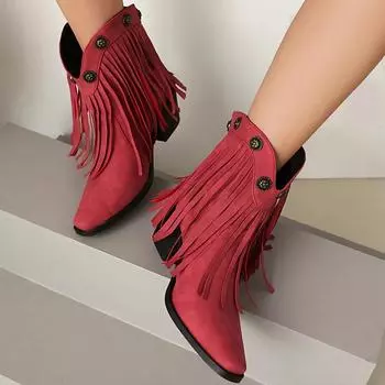 2024 Лидер продаж, новинка для женщин, новые ботинки на толстом каблуке с кисточками и острым носком, зеленые и красные ковбойские ботинки, модные женские ботинки на танкетке без застежек 35 чёрный