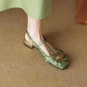 2024 Лидер продаж, новые весенние и осенние женские туфли на высоком каблуке, женские туфли на низком каблуке с круглым носком, цветочные туфли Мэри Джейн, милые женские туфли 35 зелёный