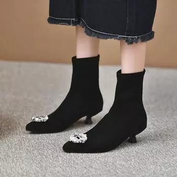 2024 Лидер продаж Новые женские ботильоны на среднем каблуке Зимняя обувь Черные ботильоны с острым носком Стразы Официальная обувь для женщин 35