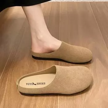 2024 Лидер продаж Новые женские тапочки с круглым носком Осенние новые ретро однотонные женские туфли с плоской подошвой на пятке Zapatos Mujer 35 хаки