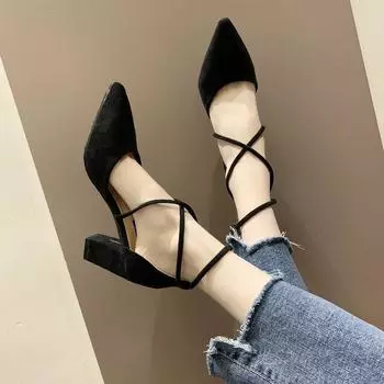 2024 Лидер продаж, однотонные высококачественные модные женские сандалии с острым носком, украшенные пряжкой, резиновая подошва, Zapatos De Mujer 35 чёрный