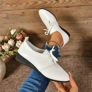 2024 Лидер продаж, однотонные женские весенне-летние повседневные корейские туфли на плоской подошве с острым носком, на шнуровке, модные студенческие туфли на плоской подошве 36 чёрный