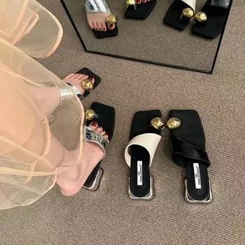 2024 Лидер продаж, тапочки, модные женские металлические декоративные туфли на шпильках, скользящие шлепанцы для вечеринок, сандалии с застежкой-молнией 35 бежевый