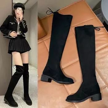 2024 Лидер продаж выше колена осень и зима новые облегающие черные замшевые ботинки на шнуровке с заниженной спиной женская трендовая обувь для женщин 35 чёрный