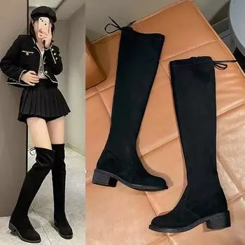 2024 Лидер продаж выше колена осень и зима новые облегающие черные замшевые ботинки на шнуровке с заниженной спиной женская трендовая обувь для женщин 35 чёрный