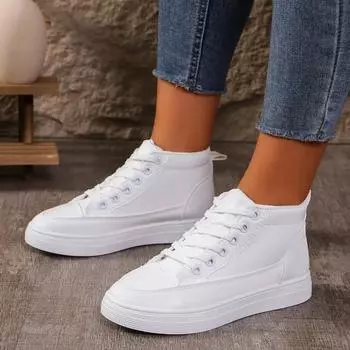 2024 Лидер продаж Женская спортивная обувь Однотонная со шнуровкой на плоском каблуке Удобная универсальная женская обувь с высоким берцем Zapatos Mujer 36 белый