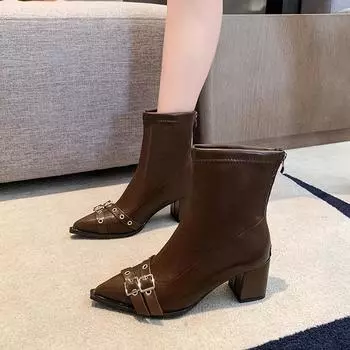 2024 Лидер продаж женские ботинки однотонные пряжки универсальные профессиональные женские туфли с острым носком квадратный каблук весна и осень 34 бежевый