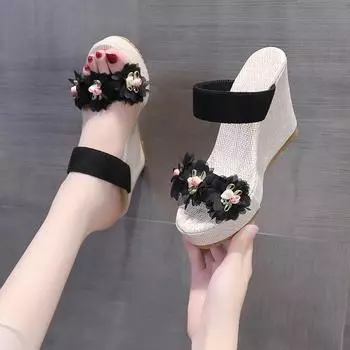 2024 Лидер продаж женские тапочки летние однотонные цветочные нескользящие открытые носки танкетка каблук большой размер повседневные удобные тапочки 35 бежевый