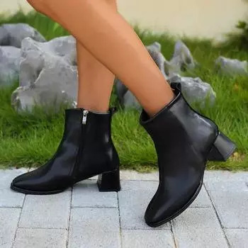 2024 Лидер продаж женские зимние ботинки из мягкой кожи с квадратным носком, короткие ботильоны на высоком каблуке, женская модная осенняя обувь для вечеринок 35 чёрный