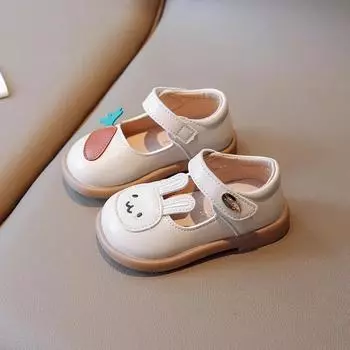 2024 Little Girl Leather Shoes Cartoon Kids Causal Boys Walking Shoes Fashion Cute Rabbit Children s Flats Soft Bottom Versatile 16 бежевый
