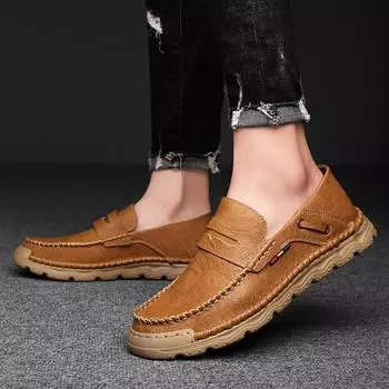 2024 live broadcast hot-selling outdoor casual shoes autumn new hand-sewn men s genuine leather one-pedal leather shoes 38 чёрный