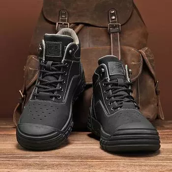 2024 live stream autumn and winter leather Martin boots retro tooling boots locomotive boots British style microfiber men s shoes tide 39 чёрный