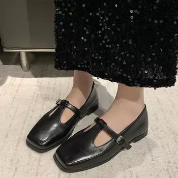 2024 Loafer Women Mary Janes Shoes Patent Leather Dress Square Head Square Heel Solid Color Women s Shoes Zapatos De Mujer 35 чёрный
