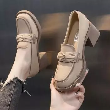 2024 Лоферы женские туфли на высоком каблуке Женские туфли на высоком каблуке Черные офисные лоферы на толстом каблуке Высокие каблуки Весна Осень Женская обувь 35 абрикосовый