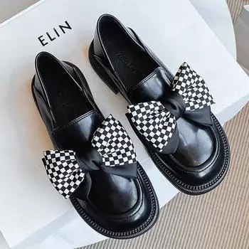 2024 Lolita Shoes женские клетчатые банты Mary Janes маленькие кожаные балетки женские кроссовки с широким носком женские оксфорды мокасины лодочки 4.5