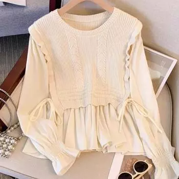 2024 Лоскутный вязаный свитер с рисунком листьев лотоса - новый свободный крой 2X Large