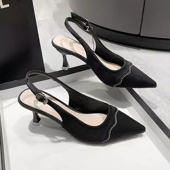 2024 Босоножки Baotou на низком каблуке, женские, с острым носком, в стиле «аромат», женские, одинарные туфли 34 бежевый